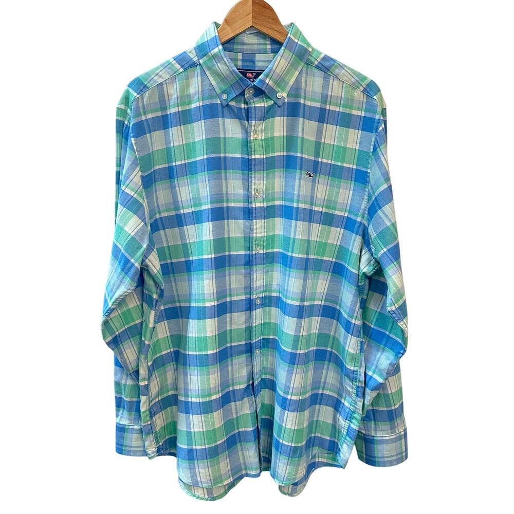 Vineyard Vines Men's Large Long Sleeve Button-Up Whale Shirt Plaid Green‎ Blue